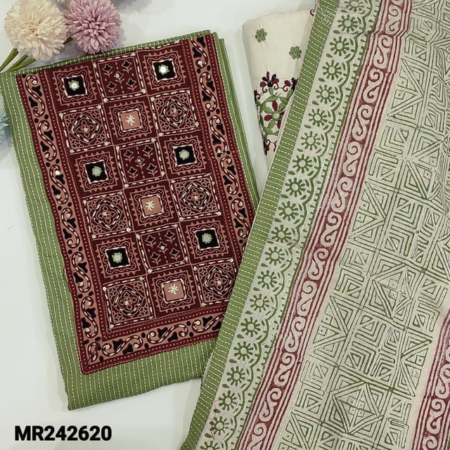 CODE MR242620 : Pastel green kantha cotton unstitched salwar mterial,ajrak,block printed&real mirror work on yoke ,kantha stitch work all over(lining optional)embroidered jute flex cotton bottom,block printed fancy silk cotton dupatta(REQUIRED TAPINGS).