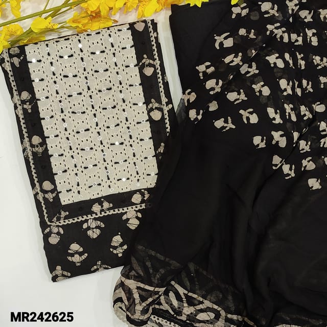 CODE MR242625 : Black premium cotton unstitched salwar material,faux mirror&cut work on yoke,orginal wax batik all over(lining optional)matching cotton bottom,pure chiffon batik dyed dupatta with lace tapings.