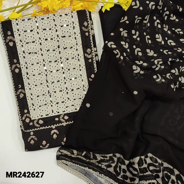 CODE MR242627 : Black premium cotton unstitched salwar material,faux mirror&cut work on yoke,orginal wax batik all over(lining optional)matching cotton bottom,pure chiffon batik dyed dupatta with lace tapings.
