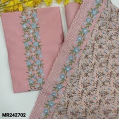 CODE MR242702 : Baby pink silk cotton unstitched salwar material,thread&sequins work on yoke,sequins work on front(soft,lining needed)matcing spun cotton bottom,floral printed chiffon dupatta with embroidered&cut work edges.