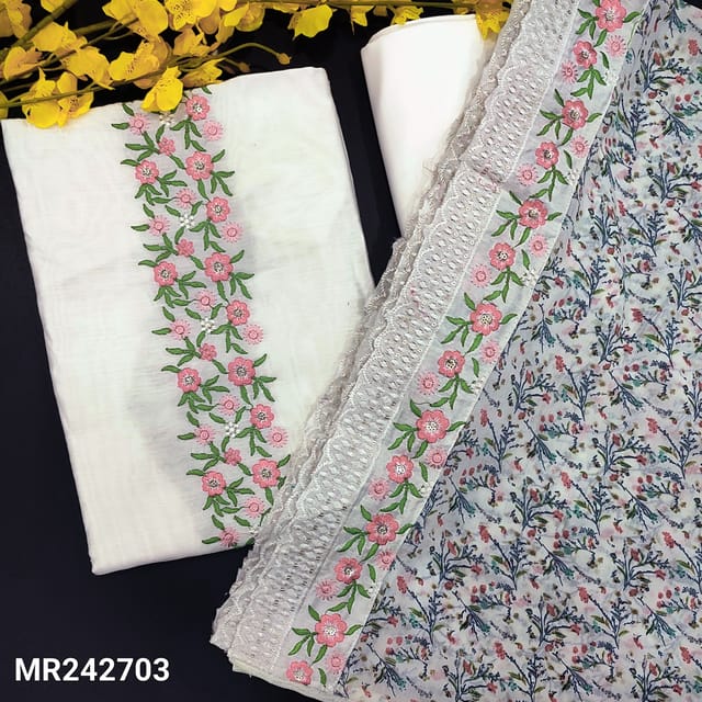 CODE MR242703 : Half white silk cotton unstitched salwar material,thread&sequins work on yoke,sequins work on front(soft,lining needed)matcing spun cotton bottom,floral printed chiffon dupatta with embroidered&cut work edges.