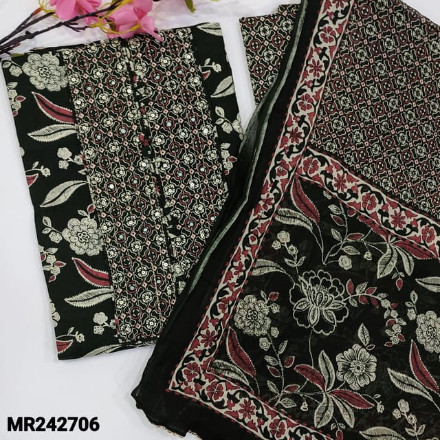 CODE MR242706 : Black soft cotton unstitched salwar material,zari&sequins work on yoke,floral pritned all over(lining optional)printed cotton bottom,crinkled mul cotton dupatta with kota lace tapings.
