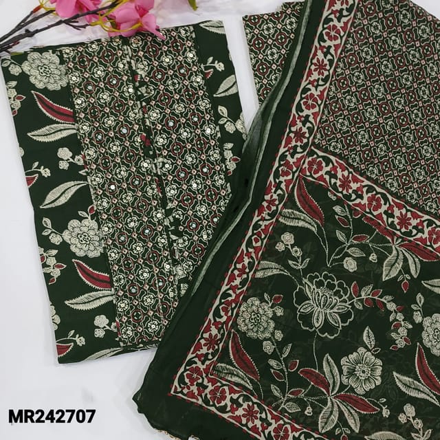 CODE MR242707 : Olive green soft cotton unstitched salwar material,zari&sequins work on yoke,floral pritned all over(lining optional)printed cotton bottom,crinkled mul cotton dupatta with kota lace tapings.