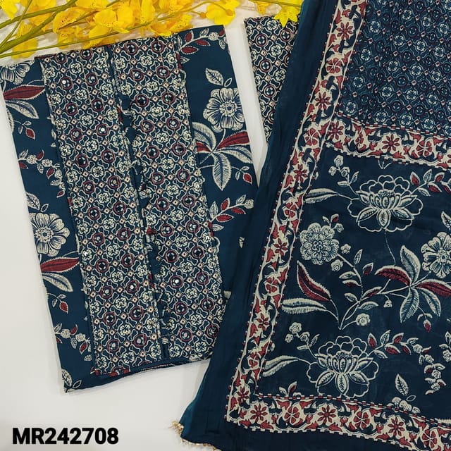 CODE MR242708 : Dark blue soft cotton unstitched salwar material,zari&sequins work on yoke,floral pritned all over(lining optional)printed cotton bottom,crinkled mul cotton dupatta with kota lace tapings.