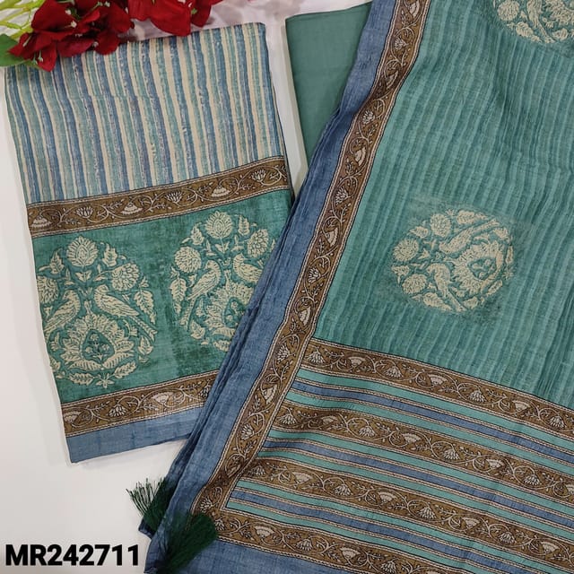 CODE MR242711 :  Blue shade semi tussar unstitched salwar material,vertical print all over(soft,lining needed)matching santoon bottom,printed semi tussar duaptta with tapings.