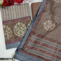 CODE MR242713 : Light chocolate brown semi tussar unstitched salwar material,vertical print all over(soft,lining needed)matching santoon bottom,printed semi tussar duaptta with tapings.