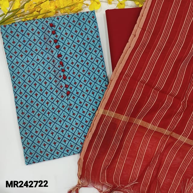 CODE MR242722 : Blue slub silk cotton unstitched salwar material,potli buttons on yoke,block printed all over(thin,lining needed)red cotton bottom,fancy silk cotton dupatta with self woven design(TAPINGS REQUIRED).