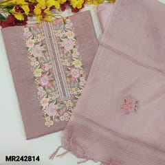 CODE MR242814 : Light mauve linen cotton unstitched salwar material,heay embroidered work on yoke(thin,lining needed)matching silky bottom,kota silk cotton dupatta with simple tassles.