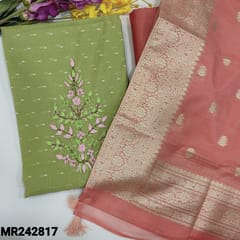 CODE MR242817 : Pastel green fancy silk cotton unstitched salwar material,heavy work on yoke,zari woven buttas all over(thin,lining needed)peachish pink silky bottom,fancy organza dupatta with rich border &pallu.
