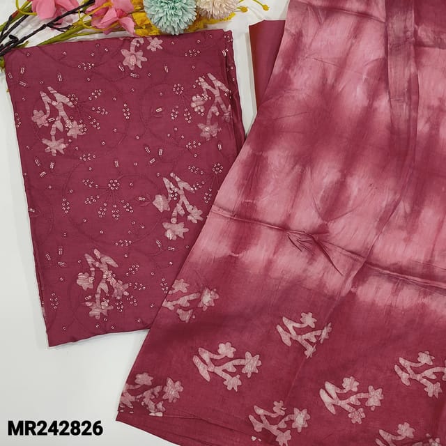 CODE MR242826 : Rani pink soft silk cotton unstitched salwar material,thread&sequins work on front,original wax batik design all over(thin,lining needed)matching cotton bottom,shibori dyed soft silk cotton dupatta with tapings.