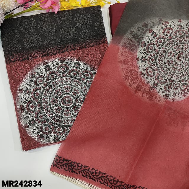 CODE MR242834 : Dark grey&maroon supernet unstitched salwar material,Block printed on yoke,embroidered all over(thin,lining needed)matching silk cotton bottom,supernet block printed dual shade dupatta with lace tapings.