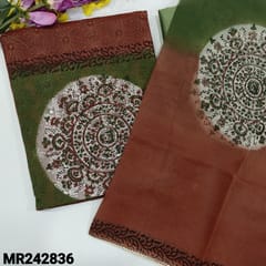 CODE MR242836 : Light brown&green supernet unstitched salwar material,Block printed on yoke,embroidered all over(thin,lining needed)matching silk cotton bottom,supernet block printed dual shade dupatta with lace tapings.