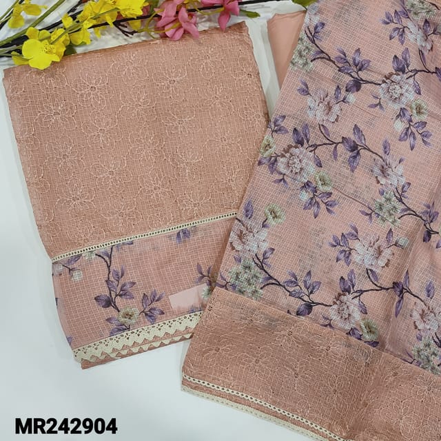CODE MR242904 : pastel peach kota silk cotton unstitched salwar material,self floral embroider all over(thin,lining needed)floral printed&lace work on daman,matching santoon bottom,floral printed kota silk cotton dupatta with lace tapings.