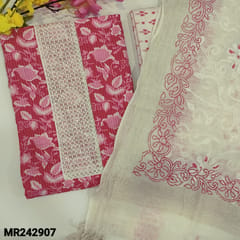 CODE MR242907 : Pink pure kantha cotton unstitched salwar material,thread&sequins work on yoke,floral printed all over(lining optional)lace work on daman,printed cotton bottom,fancy soft silk cotton block printed dupatta(TAPINGS REQUIRED).