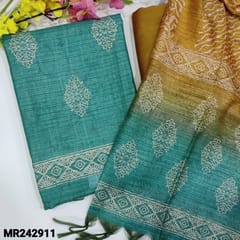 CODE MR242911 : Light teal green semi tussar unstitched salwar material,printed all over(thin,lining needed)mehandhi yellow silky bottom,dual shaded semi tussar dupatta with tassles.