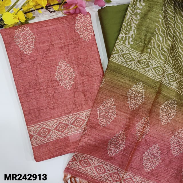 CODE MR242913 : Pink semi tussar unstitched salwar material,printed all over(thin,lining needed)mossy greensilky bottom,dual shaded semi tussar dupatta with tassles.