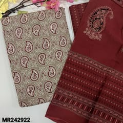 CODE MR242922 : Beige pure soft cotton unstitched salwar material,printed all over(lining optional)maroon printed soft cotton bottom,block printed pure mul cotton dupatta (TAPINGS REQUIRED).