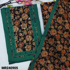 CODE MR240905 : Turquoise green pure cotton unstitched salwar material,black kalamkari printed yoke patch with faux mirror and thread work(lining optional)printed cotton bottom,printed mul cotton dupatta with tapings.