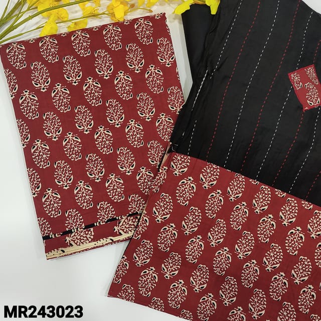 CODE MR243023 : Dark maroon pure cotton unstitched salwar material,printed all over(lining optional)black spun cotton bottom,kantha stitched soft silk cotton dupatta with tapings.