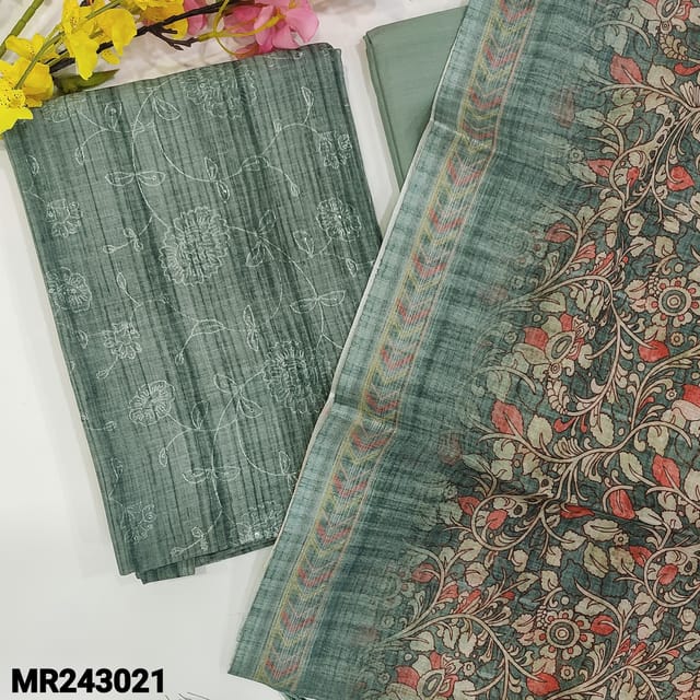 CODE MR243021 : Green shade premium linen unstitched salwar material,thread& sequins embroidery on front(thin,lining needed)matching fabric provided for lining,NO BOTTOM,premium linen kalamkari printed dupatta with tassles.