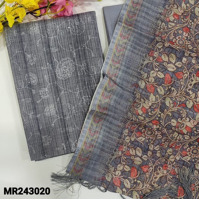 CODE MR243020 : Grey shade premium linen unstitched salwar material,thread& sequins embroidery on front(thin,lining needed)matching fabric provided for lining,NO BOTTOM,premium linen kalamkari printed dupatta with tassles.