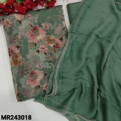 CODE MR243018 :  Designer sage green brasso organza unstitched salwar material,self design all over(thin,lining needed)floral printed brasso work all over,silky fabric for lining and bottom,pure chiffon dupatta with sequins and tapings.