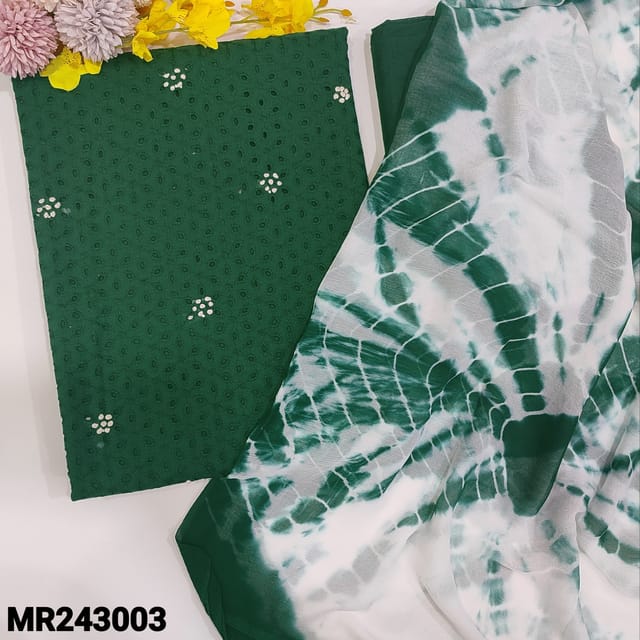 CODE MR243003 : Bottle green schiffly glased cotton unstitched salwar material,french knot detail on front,heavy cut work all over(thin,lining needed)matching silk cotton bottom,shibori dyed chiffon dupatta