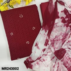 CODE MR243002 : Reddish maroon schiffly glased cotton unstitched salwar material,french knot detail on front,heavy cut work all over(thin,lining needed)matching silk cotton bottom,shibori dyed chiffon dupatta