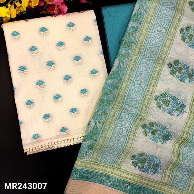CODE MR243007 : Half white base fancy silk cotton unstitched salwar material,thread&zari woven on front(thin,lining needed)lace work on daman,pastel blue silky cotton bottom,block pritned chanderi cotton dupatta with zari borders(TAPINGS REQUIRED).