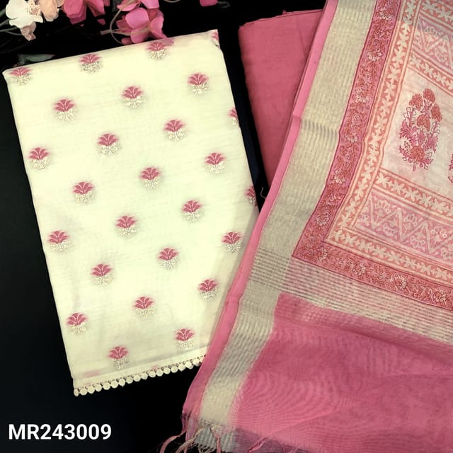 CODE MR243009 : Half white base fancy silk cotton unstitched salwar material,thread&zari woven on front(thin,lining needed)lace work on daman,pink silky cotton bottom,block pritned chanderi silk dupatta with zari borders(TAPINGS REQUIRED).