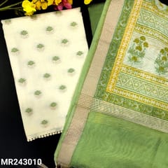 CODE MR243010 : Half white base fancy silk cotton unstitched salwar material,thread&zari woven on front(thin,lining needed)lace work on daman,light green silky cotton bottom,block pritned chanderi silk dupatta with zari borders(TAPINGS REQUIRED).