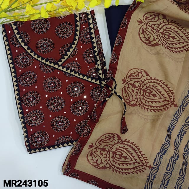 CODE MR243105 : Maroon pure cotton unstitched salwar material,angraha neckline with faux mirror work,printed all over(lining optional)navy blue cotton bottom,block printed mul cotton dupatta with tapings