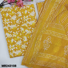 CODE MR243108 : Dark mehandi yellow soft cotton unstitched salwar material,potli buttons on yoke,floral printed all over,faux mirror on front(lining optional)kota lace work on daman,printed cotton bottom,crinkled mul cotton dupatta with kota lace tapings.