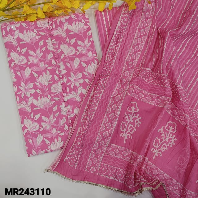 CODE MR243110 : Bright pink soft cotton unstitched salwar material,potli buttons on yoke,floral printed all over,faux mirror work on front(lining optional)kota lace work on daman,printed cotton bottom,crinkled mul cotton dupatta with kota lace tapings.