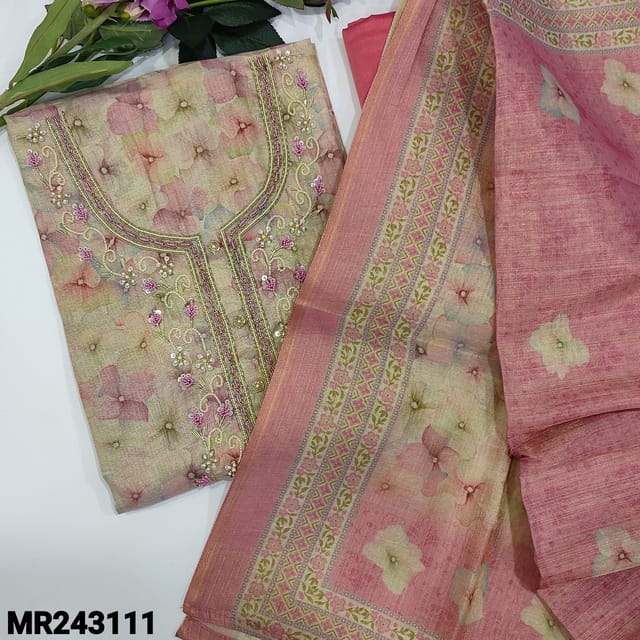 CODE MR243111 : Beige base tissue silk cotton unstitched salwar material,heavy work on yoke,floral print all over(thin,lining needed)piping on daman,pink silk cotton bottom,tissue silk cotton dupatta with tapings.