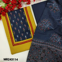 CODE MR243114 :  Mehandi yellow premium cotton unstitched salwar material,yoke patch with kantha stitch&sequins detailing(lining optional)navy blue cotton bottom,printed pure mul cotton dupatta with tapings.