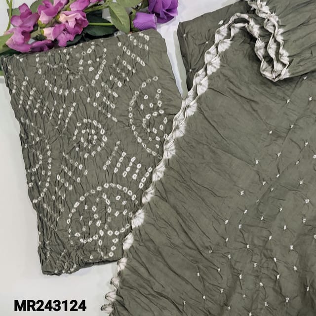 CODE MR243124 : Grey pure cotton unstitched salwar material, original bandhani work all over (lining needed)matching original bandhini pure cotton bottom,bandhani dupatta with cut work edges