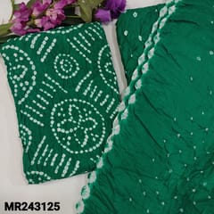 CODE MR243125 : Turquoise green pure cotton unstitched salwar material, original bandhani work all over (lining needed)matching original bandhini pure cotton bottom,bandhani dupatta with cut work edges