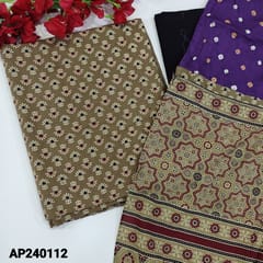 CODE AP240112 : Beige cotton unstitched salwar material, ajrak block printed all over(lining optional)black pure soft cotton bottom, bandhini&ajrak printed dupatta with hand made tassels.