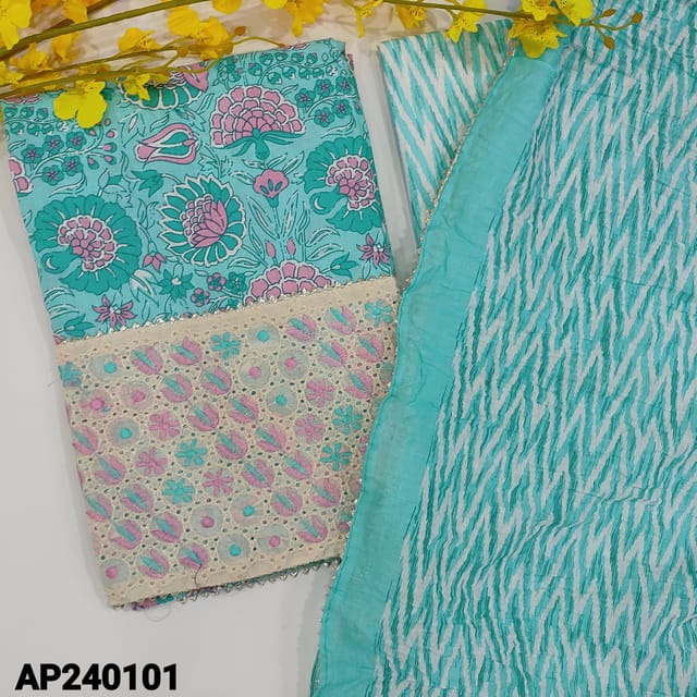CODE AP240101 : Light blue pure cotton unstitched salwar material, floral printed all over(lining optional)rich daman with kota lace tapings, printed zig zag cotton bottom, crinkled soft mul cotton dupatta