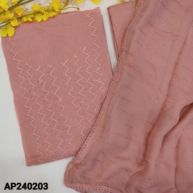 CODE AP240203 : Pastel pink fancy organza unstitched salwar material,thread&sugar bead work on yoke(thin,lining needed)matching santoon bottom,soft chiffon dupatta with lace tapings.