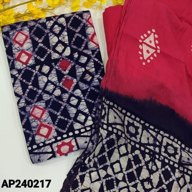 CODE AP240217 :  Navy blue modal cotton unstitched salwar material,original wax batik print all over(soft,lining needed)contrast pink bottom,fancy soft silk cotton dual shaded dupatta(TAPINGS REQUIRED).