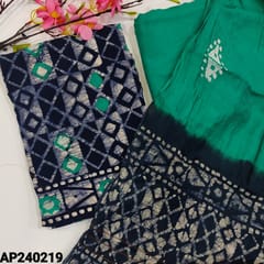CODE AP240219 :  Navy blue modal cotton unstitched salwar material,original wax batik print all over(soft,lining needed)contrast turquoise green bottom,fancy soft silk cotton dual shaded dupatta(TAPINGS REQUIRED).
