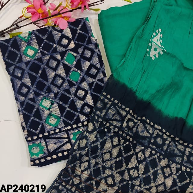 CODE AP240219 :  Navy blue modal cotton unstitched salwar material,original wax batik print all over(soft,lining needed)contrast turquoise green bottom,fancy soft silk cotton dual shaded dupatta(TAPINGS REQUIRED).