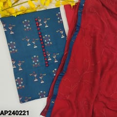CODE AP240221 : Teal blue soft cotton unstitched salwar material,potli button on yoke,block&warli print all over(lining needed,thin)dark peachish pink cotton bottom,self embroidered chiffon dupatta with tapings.