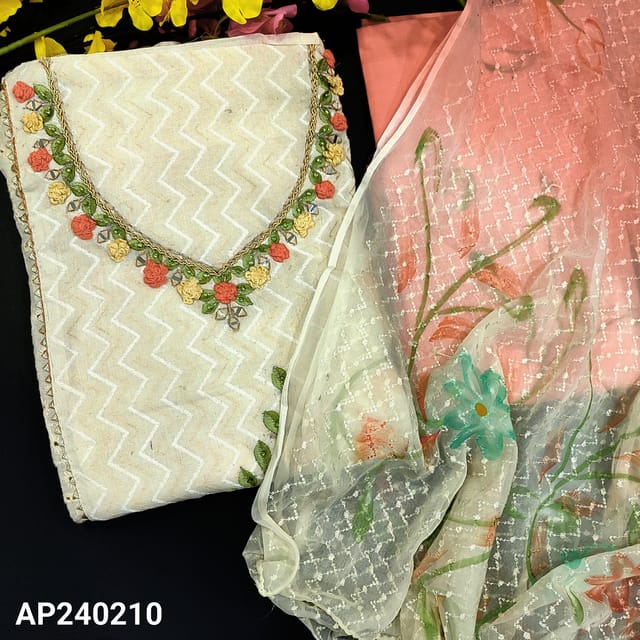 CODE AP240210 : Half white jakard cotton unstitched salwar material,embroidery&real mirror work on yoke,schiffli embroidery work on front(thin,lining needed)crochet lace work on daman,peach cotton bottom,embroidered brush painted dual shaded dupatta.