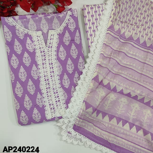 CODE AP240224 : Purple shade pure cotton unstitched salwar material,lace work on yoke,printed all over(lining optional)lace work on daman,printed cotton bottom,mul cotton dupatta with lace tapings.