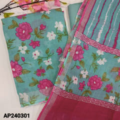 CODE AP240301 : Designer pastel blue pure linen unstitched salwar material,floral printed all over(lining needed)zari border on daman,matching drum dyed pure fabric provided for lining,NO BOTTOM,pure linen dupatta with thin zari borders(TAPINGS REQUIRED).