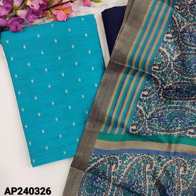 CODE AP240326 : Turquoise blue slub silk cotton unstitched salwar material,thread woven buttas all over(thin,lining needed)navy blue cotton bottom,paisley printed art silk dupatta(REQUIRED TAPINGS).