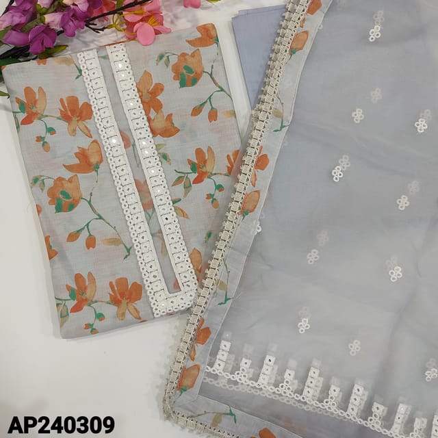 CODE AP240309 : Light grey digital printed silk cotton unstitched salwar material,foil&thread detailing on yoke,floral print all over(thin,lining needed)matching cotton bottom,fancy organza dupatta with thread&foil work.